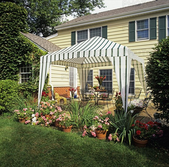 Patio.  View towards house.  Gazebo tent.  Table set.