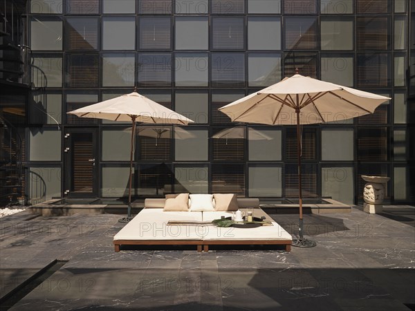 Outdoor lounge area with umbrellas