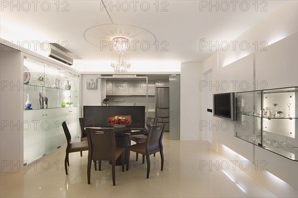 Modern dining room with circular dining table