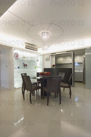 Modern dining room with circular dining table