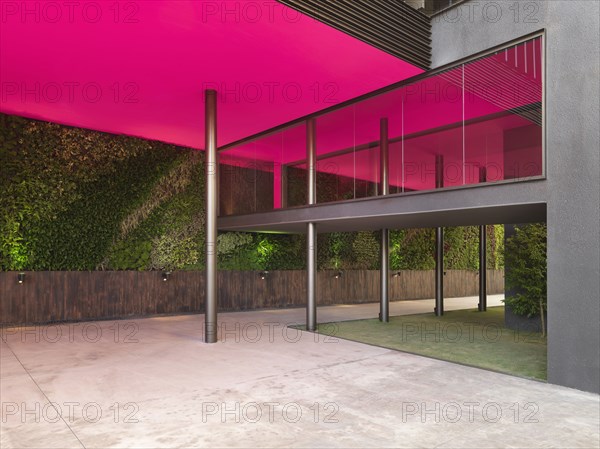 Modern walkway with hot pink ceiling