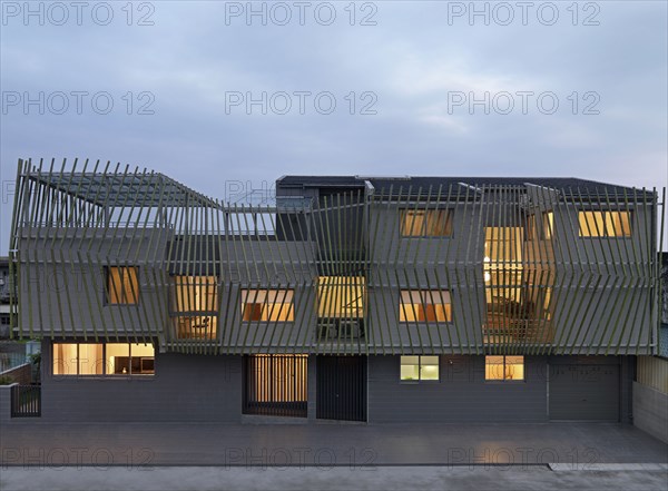 Exterior of modern home covered in bamboo