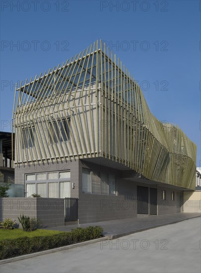 Exterior of modern home covered in bamboo