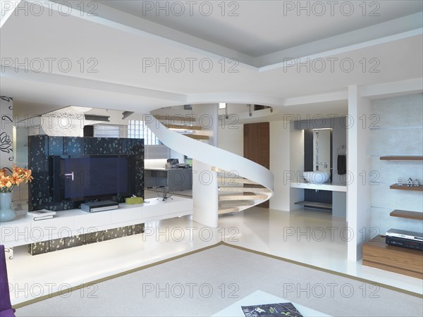 Modern winding staircase and television