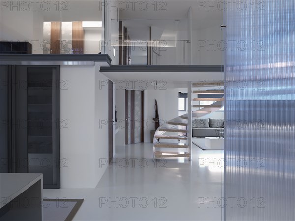 Interior of modern home with winding staircase