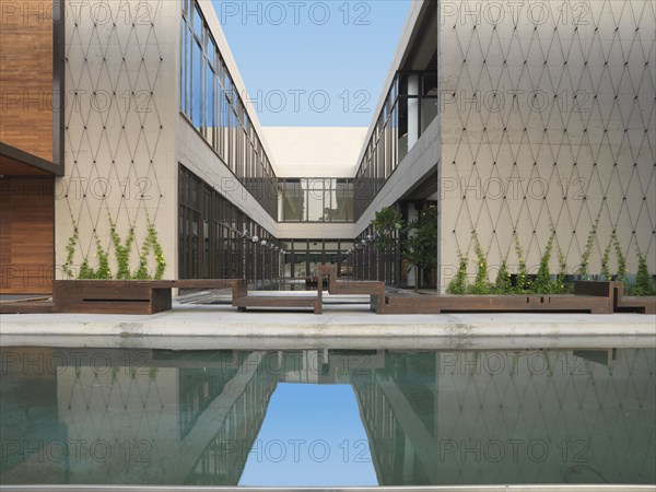 Reflecting pool outside of modern building