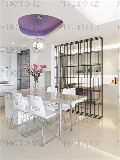 Modern kitchen and office with wire bookcase partition