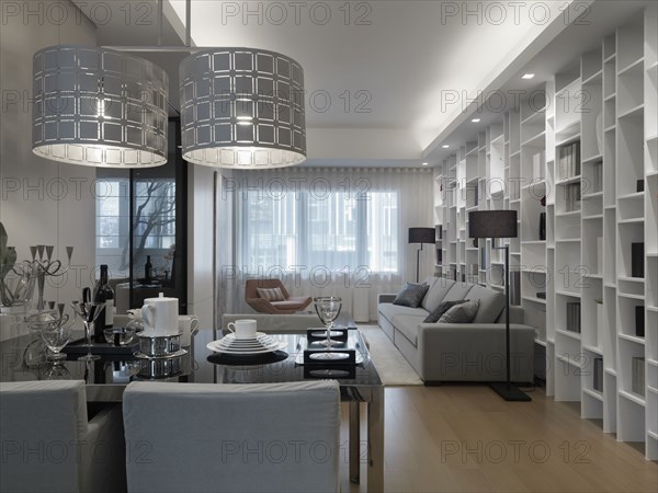 Modern dining and living room with wall length bookcase