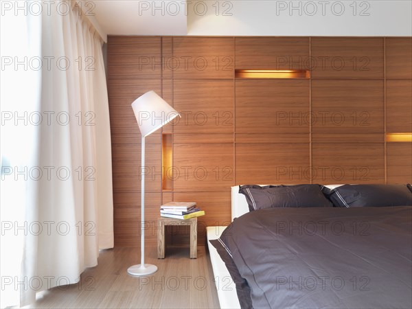 Black and white modern bedroom with platform bed