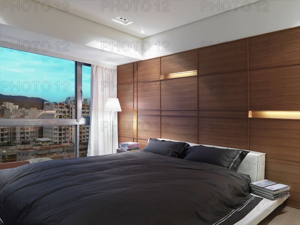 Black and white modern bedroom with platform bed