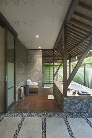 Master bathroom with stone hot tub