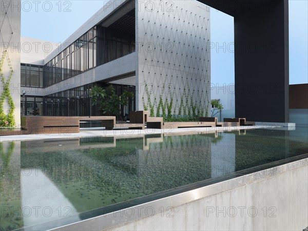 Reflecting pool outside of modern building