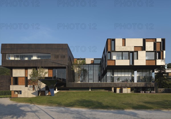 Front elevation modern building with geometric pattern