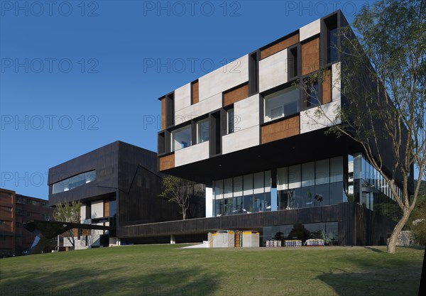 Front exterior modern building with geometric shapes