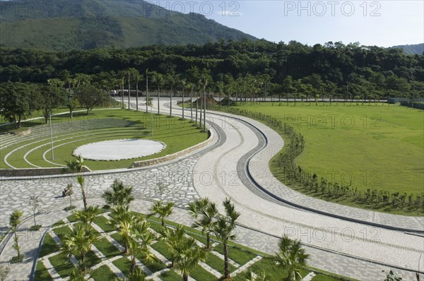 Aerial view of landscaping and pathways