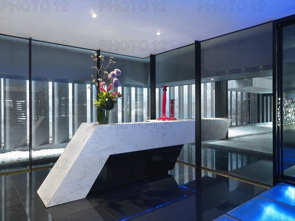 Marble desk in reception area