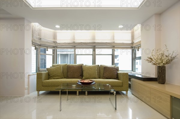 Green sofa and glass coffee table in modern living room