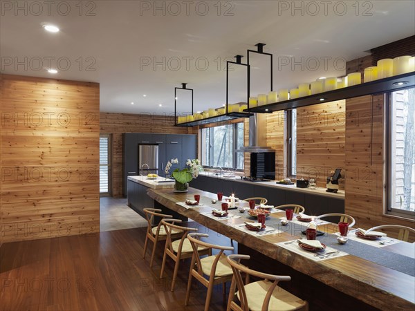 Large wooden dining table in cabin home