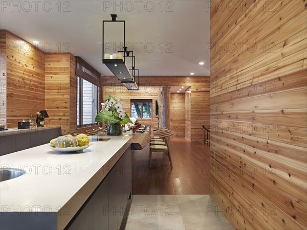 Kitchen and dining room table in cabin home