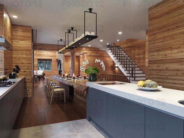 Kitchen and dining room table in cabin home