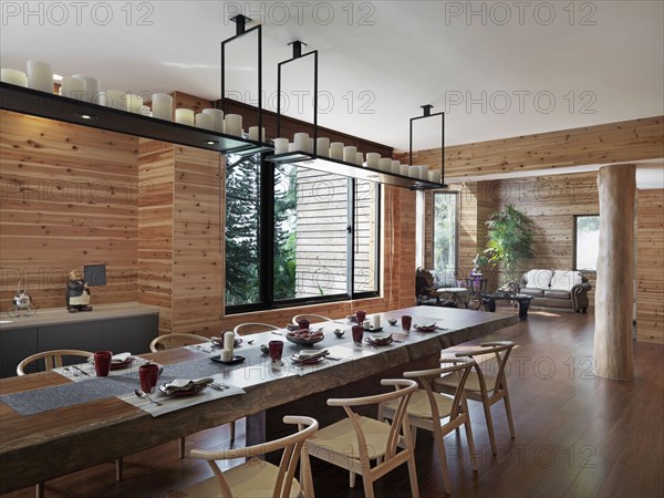 Large wooden dining table in cabin home