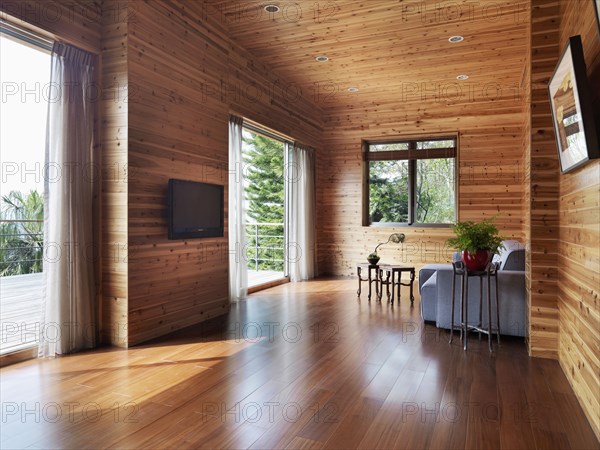 Interior view of sitting area with sofa in cabin home