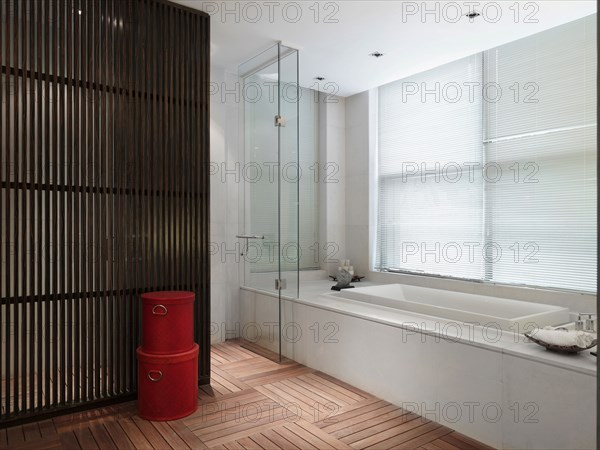 Hardwood floors in modern bathroom