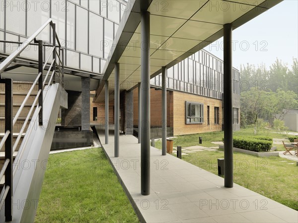 Covered walkway outside modern building