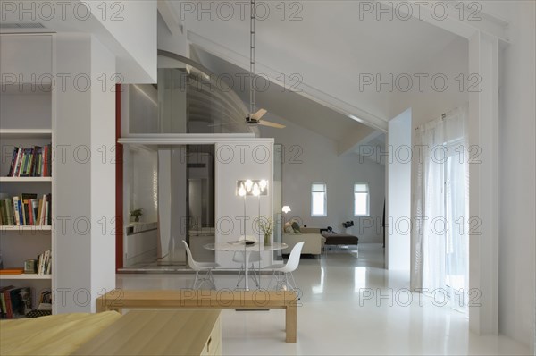 Dining area in center of modern interior