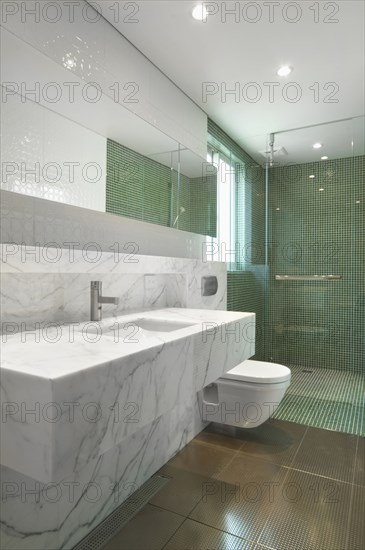 Marble sink and countertop and mosaic tile shower