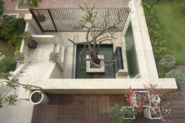 High view of patio and landscaping