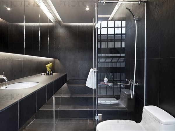 Black tile modern bathroom with glass shower