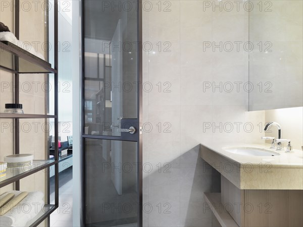 Sink and glass door in modern bathroom