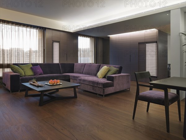 Purple sectional sofa in modern living room