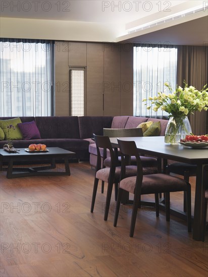 Dining room table sofa in modern home