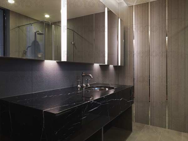 Black marble bathroom counter and sink