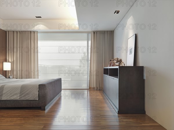 Hardwood floor in modern bedroom