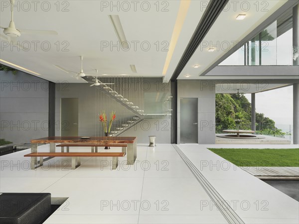 Wooden dining table in modern home