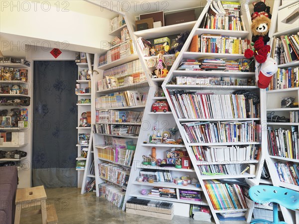 Books on floor to ceiling shelves in apartment