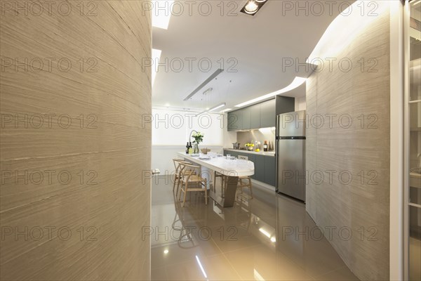 Dining table in kitchen in modern home