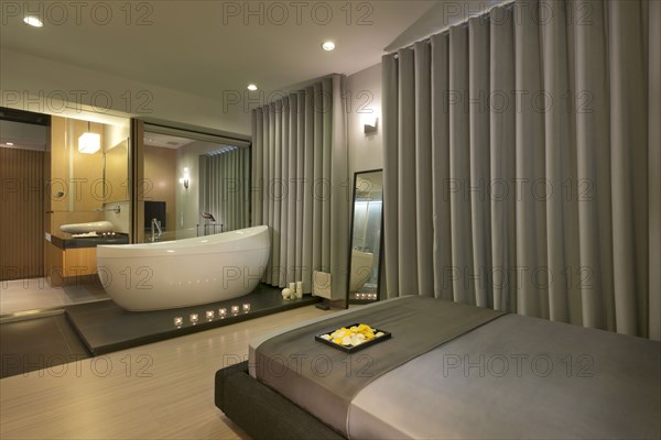Master bedroom and bathroom in modern home