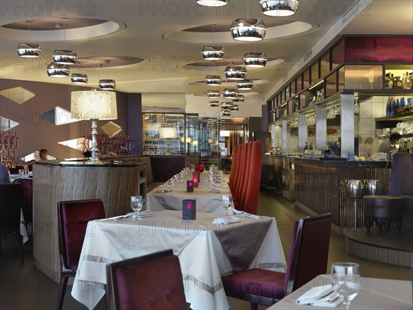 Interior of dining area with tall back chairs in luxury hotel