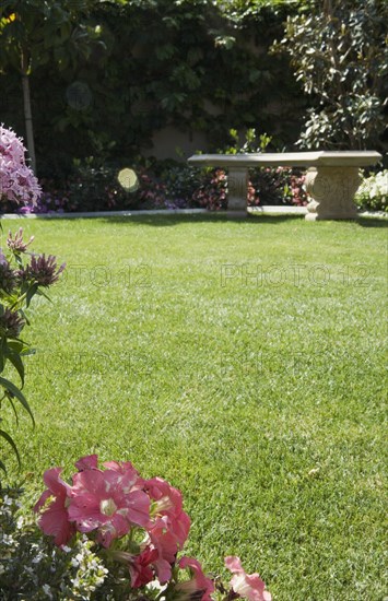 Stone Bench in Yard with Garden