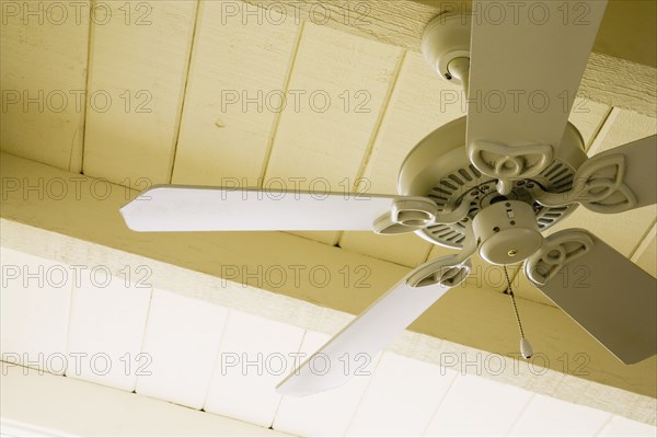 Detail of Ceiling Fan and Vaulted Wood Paneled Ceiling