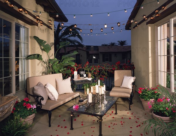 Outdoor patio at dusk