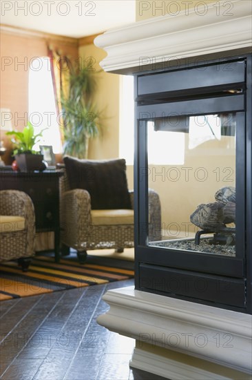 Glass Sided Fireplace in Living Room