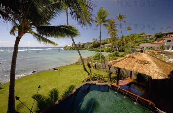 View from Above of Pool and hot tub with Cabana