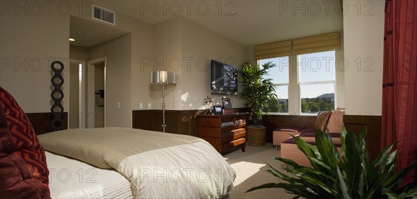 Contemporary bedroom with sitting area