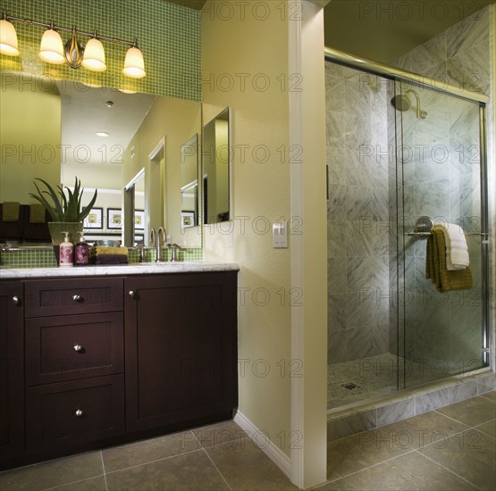 Warm Bathroom with Shower with green accents