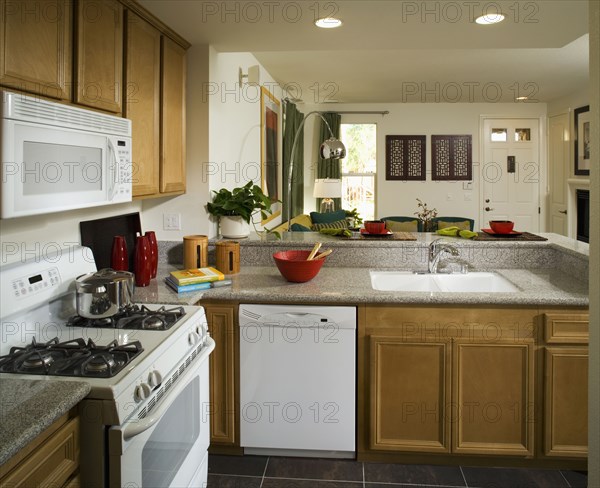 Traditional kitchen and living room